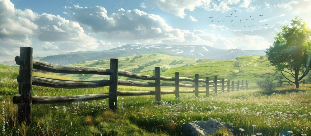 Poster rural landscape with a farm fence on a breezy hilltop set against a rugged hill background in a pict