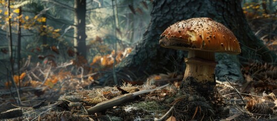 Obraz premium Autumnal pine forest setting showcasing a chestnut colored cap mushroom the Bay bolete or Imleria badia fungus in a coniferous forest with a knife and copy space image