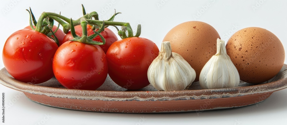 Poster close up view of five red tomatoes on a twig two eggs and a garlic head on a clay plate against a wh