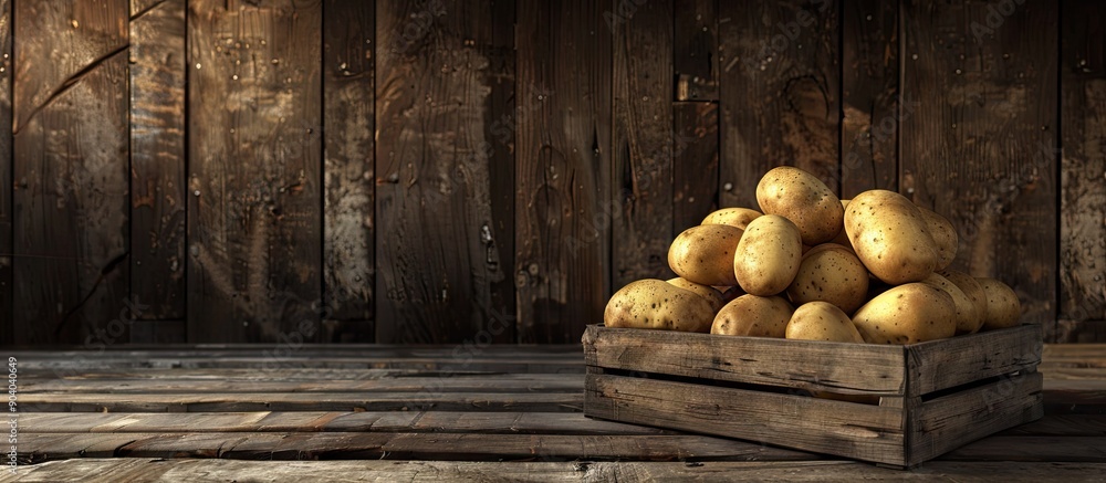 Poster Potatoes set in a rustic wooden crate with a background ideal for adding text or images a copy space image