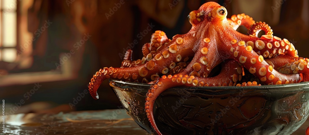Poster squid tentacles marinated in a bowl with copy space image