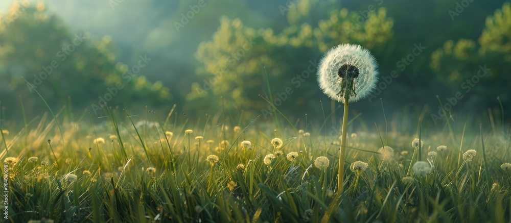 Poster wildflower dandelion in a grassy field perfect as a copy space image