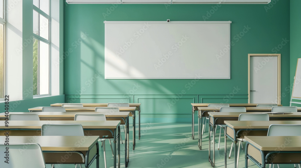 Poster bright classroom setting with interactive whiteboard and desks for engaging learning activities