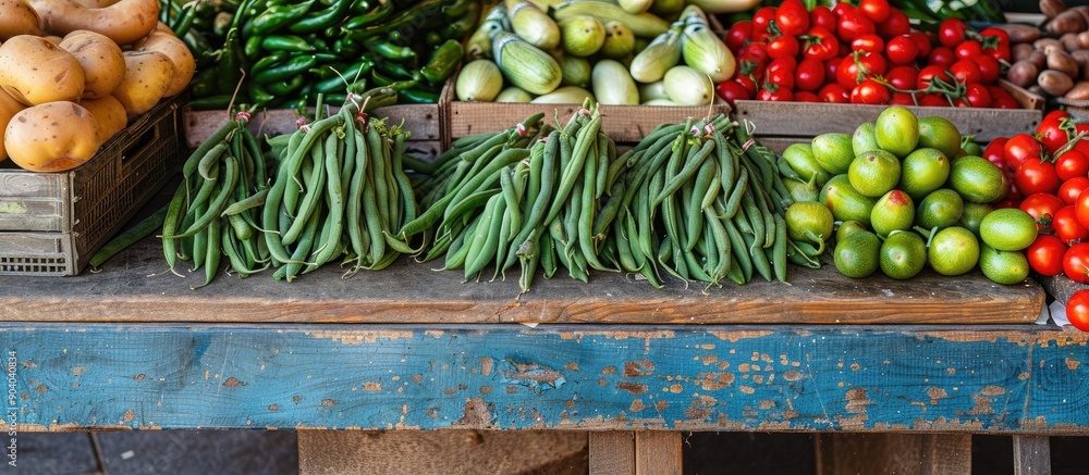Aufkleber Fresh green beans displayed at a market stall in Udine with a blank area for inserting images. . image with copy space