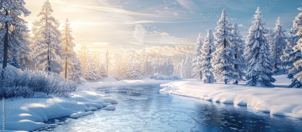 Poster winter scenery with a serene river winding among snow covered trees creating a picturesque copy spac