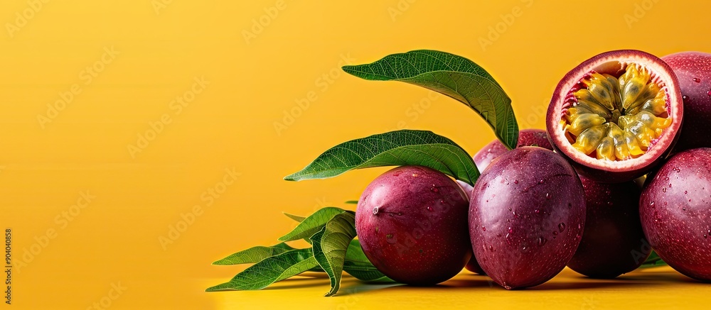 Poster Passion fruits presented in a vibrant and enticing manner with a captivating background perfect for including text or designs creating an eye catching copy space image