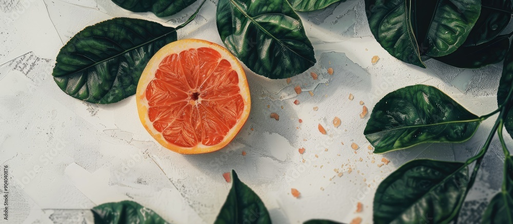 Poster Isolated on a white backdrop a grapefruit slice with lush leaves creates an appealing copy space image