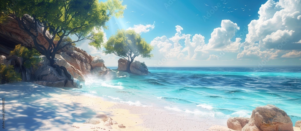 Poster Sunny beach day by the sea for serene relaxation with beautiful warm summer weather and a calming environment for a refreshing break with a tranquil atmosphere for leisure and enjoyment.