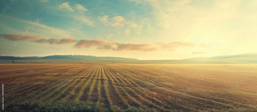 Poster spring season in an agricultural landscape showcases a ripening soybean field with a clear sky and a