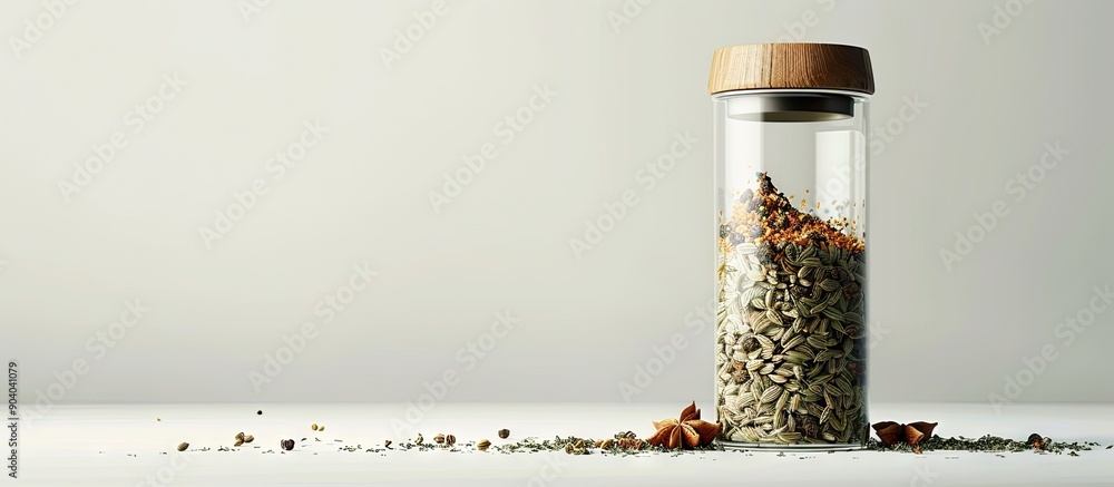 Poster a tea infuser showcasing a mix of fennel anise and caraway seeds against a blank background in a cop