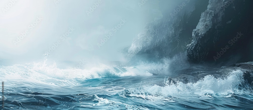 Poster Seascape with waves crashing against coastal rocks background for abstract design with copy space image