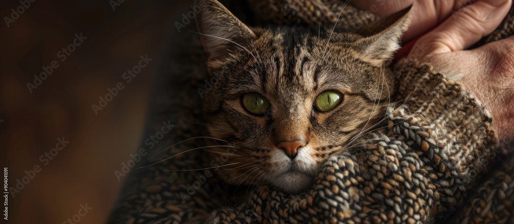 Poster brown black and white tabby cat with green eyes enjoying cuddles from its owner and gazing into the 