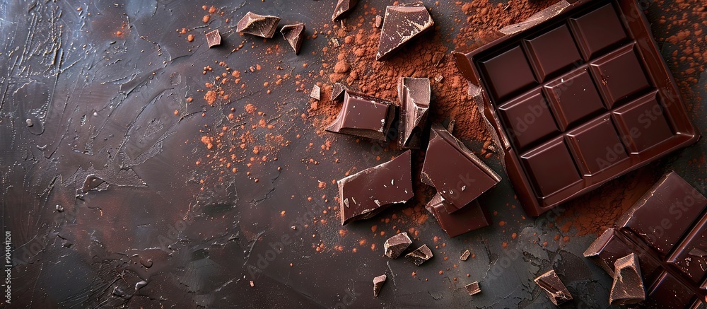 Poster Brown table with broken dark chocolate bar and cocoa powder with copy space image