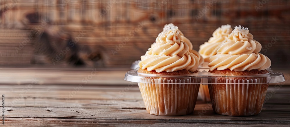 Poster Cupcakes presented on a wooden background inside a reused plastic container with copy space image