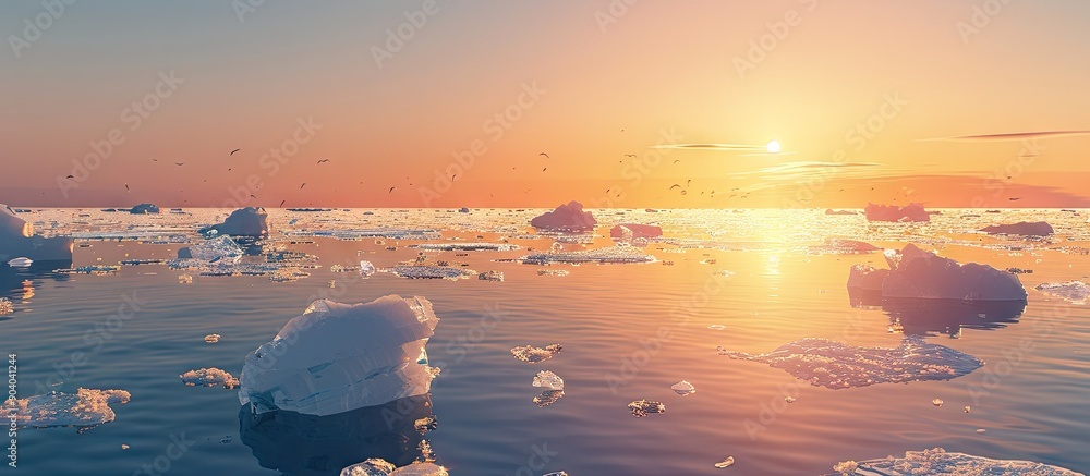 Poster sunset casts a warm glow on clear ice floes creating a stunning copy space image