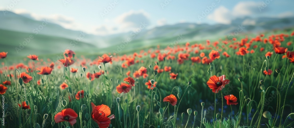 Poster vibrant red poppies blooming in a lush green field creating a picturesque scene with copy space imag