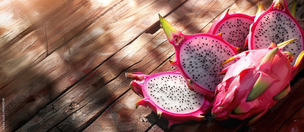 Poster Dragon Fruit slices displayed on a wooden surface with ample copy space image