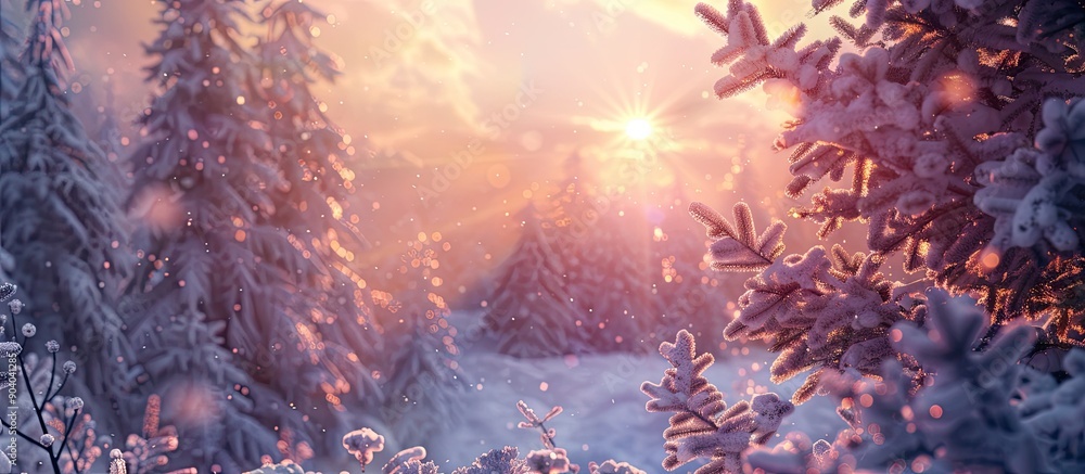 Poster a stunning sunset shines through wintry trees and a large pine tree as day fades with selective focu