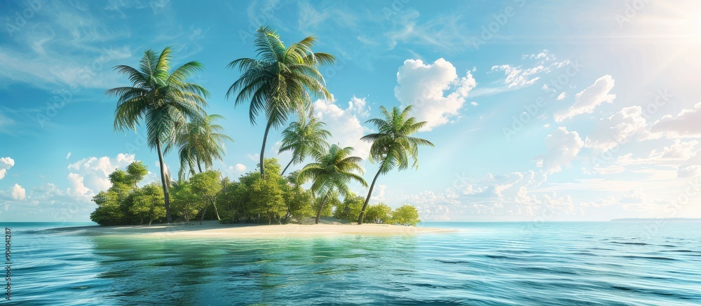 Poster scenic tropical island featuring palm trees against a beach backdrop ideal for a copy space image