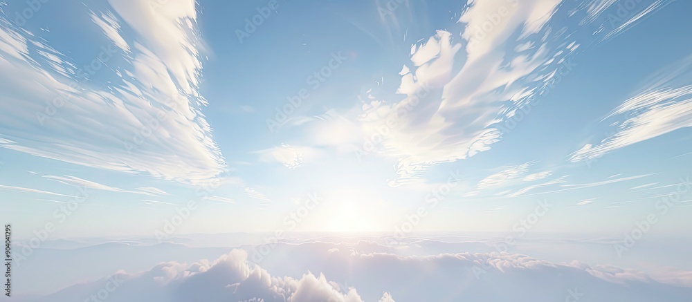Poster soft sunlight shining on a pastel blue sky with wispy white clouds creating a serene sky landscape b
