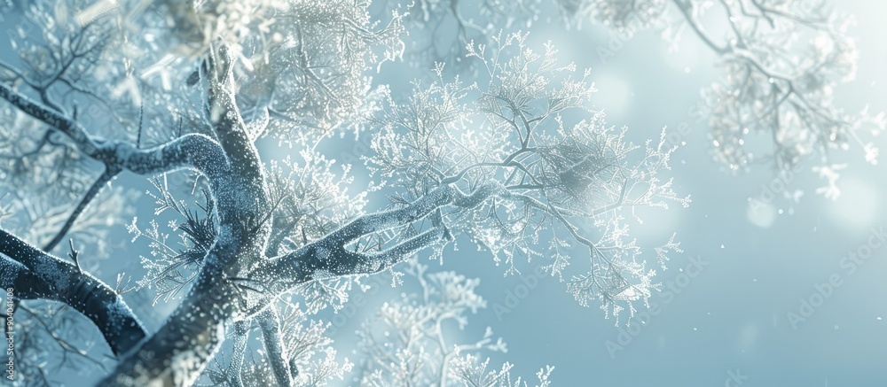 Poster Wintry background featuring frost covered tree branches in a beautiful copy space image