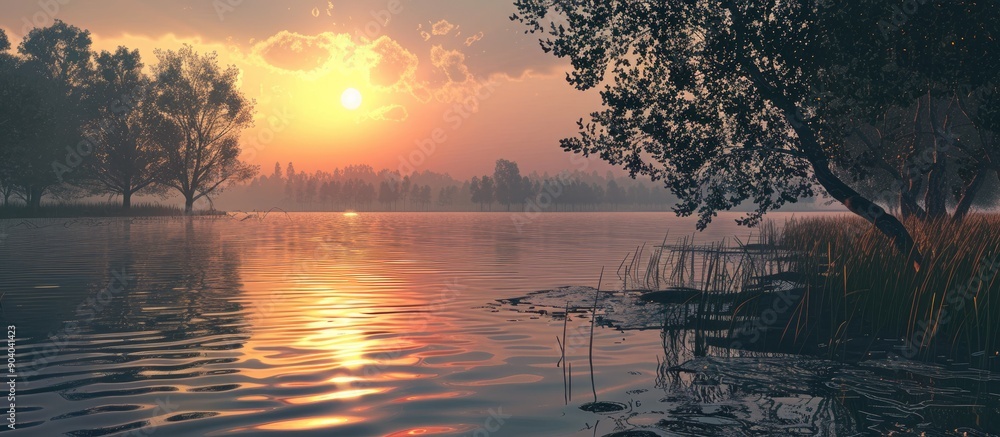 Poster A serene summer evening scene at a lake with the sun setting creating a soft glow over the water and the trees in silhouette with space for text or other images. . image with copy space