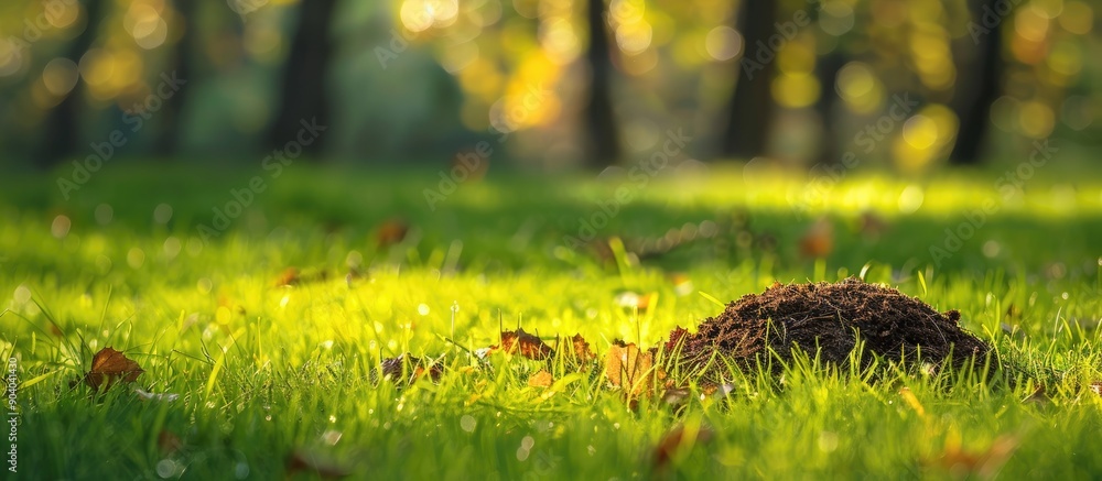 Poster Autumn molehill in a field with lush green grass provides a serene and picturesque view ideal for capturing a beautiful shot with copy space image