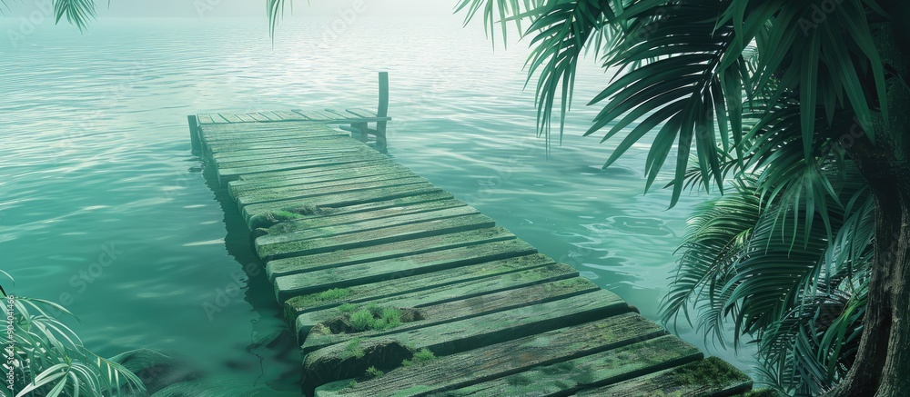 Poster weather worn dock set against a tranquil ocean with lush green hues ideal for a copy space image