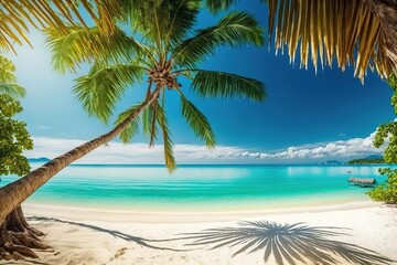 Fototapeta premium Palm tree casting shadow on white sand beach.