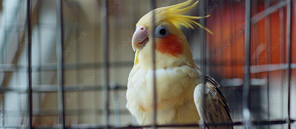 Poster a juvenile cockatiel pet gazes from its cage in a home setting with space for added imagery. . image