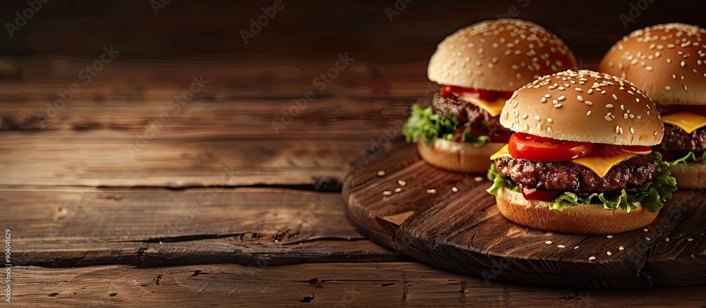 Poster wooden plate with delicious hamburgers creating a cozy setting in a copy space image