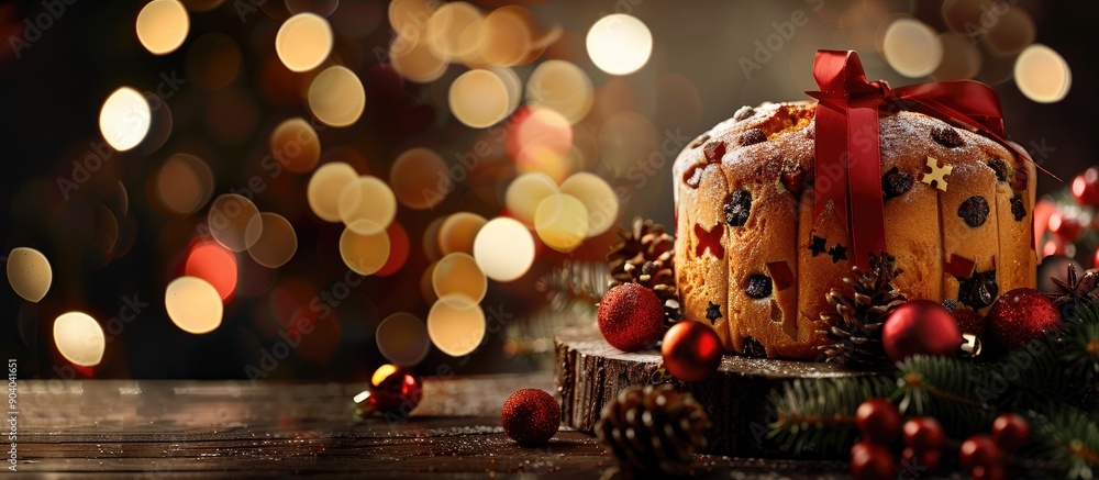 Poster panettone a traditional italian christmas dessert is displayed in a festive manner with a blank spac