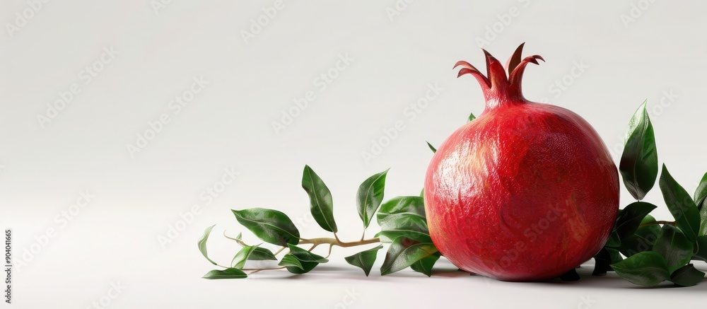 Poster isolated on a white backdrop there is a vibrant red pomegranate and green foliage creating a beautif