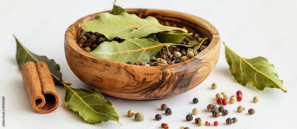 Aufkleber wooden bowl with bay leaves on white backdrop ideal for copy space image includes various spices and