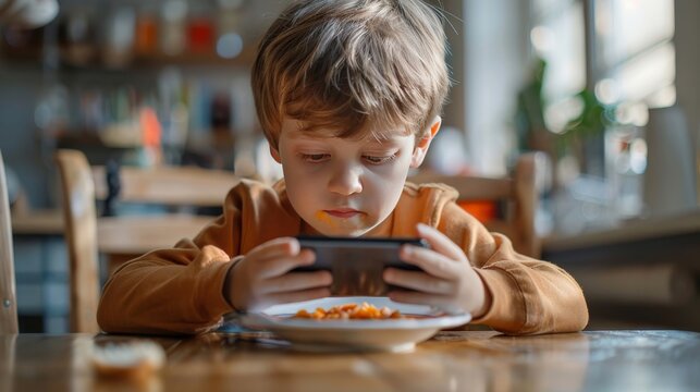 Little boy using phone while eating soup at the table, child engaged with smartphone while having meal, illustrating concepts of nomophobia and attention deficit hyperactivity disorder (ADHD)