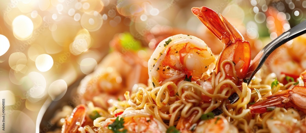 Poster A well known seafood image with a fork holding cooked shrimp on top of noodles with blank space around the dish for text or other elements. . image with copy space