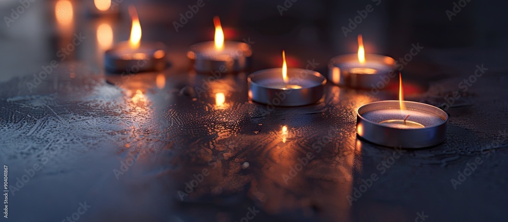 Aufkleber a few small candles burning on a dark surface with a clear paraffin coating creating a copy space im