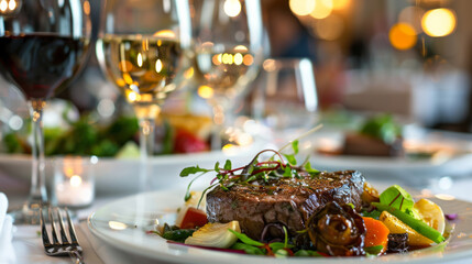 Exquisite gourmet dining experience on a luxury cruise ship at sunset