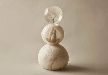 A minimalistic sculpture with three textured spheres, featuring a dandelion seed in a glass orb on top Soft earthy tones create a serene atmosphere