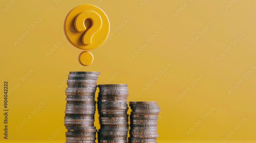 Aufkleber A yellow speech bubble with a question mark balancing on multiple stacks of coins. 