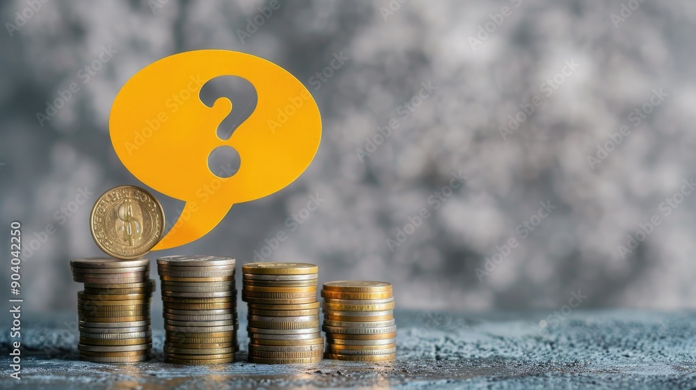 Aufkleber A yellow speech bubble with a question mark balancing on multiple stacks of coins.