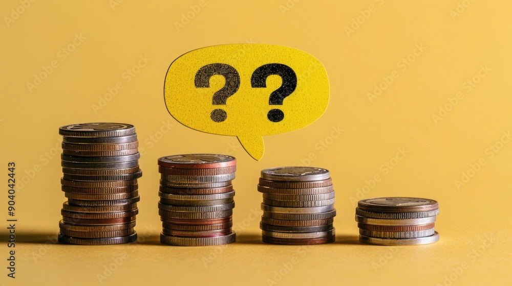 Poster A yellow speech bubble with a question mark on top of distinct coin stacks. 