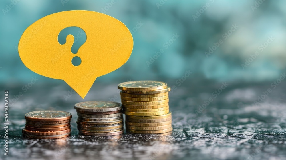 Poster A yellow speech bubble with a question mark on top of distinct coin stacks. 