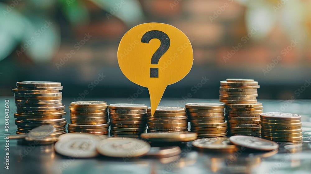 Aufkleber A yellow speech bubble with a question mark placed over stacks of coins, representing budget uncertainty. 