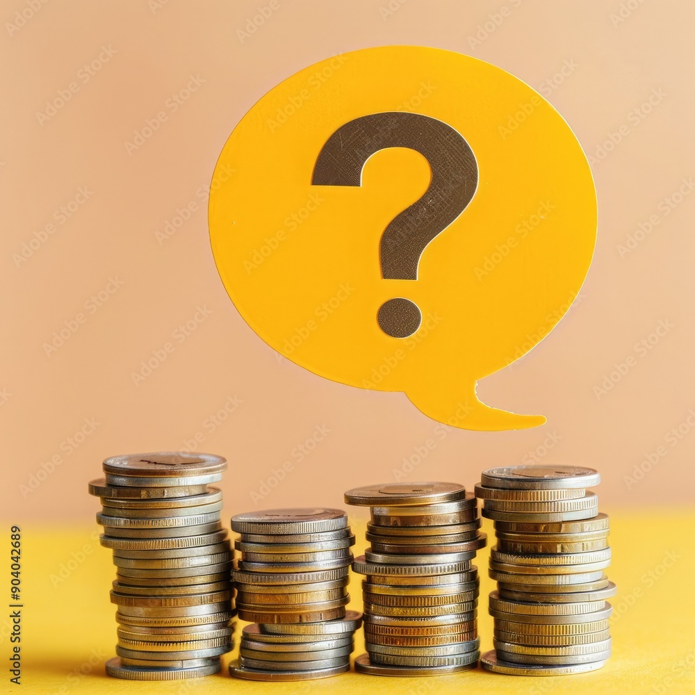 Aufkleber A yellow speech bubble with a question mark placed over stacks of coins, representing budget uncertainty. 