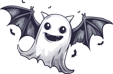 Smiling ghost with bat wings and fangs, surrounded by smaller bats in a cute and spooky style