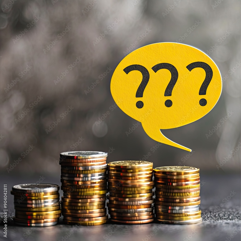 Aufkleber a yellow speech bubble with a question mark placed over stacks of coins, representing budget uncerta