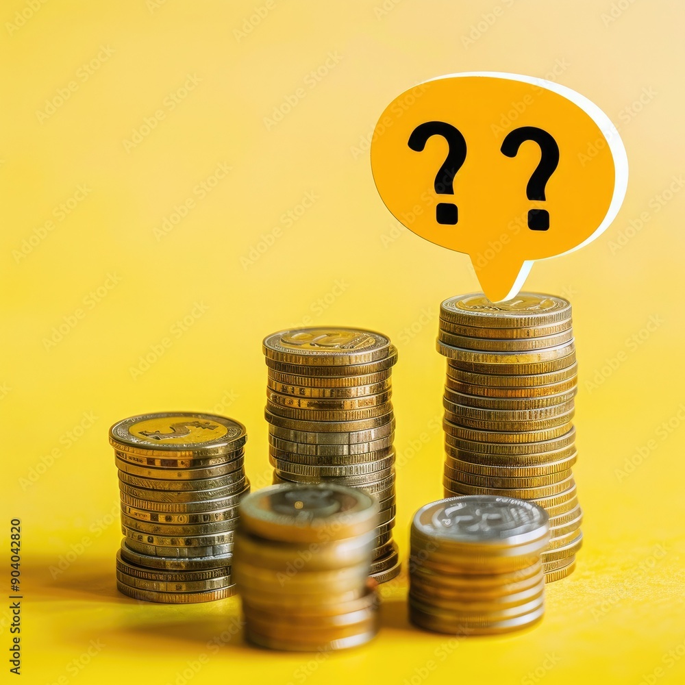 Aufkleber A yellow speech bubble with a question mark placed over stacks of coins, representing budget uncertainty. 