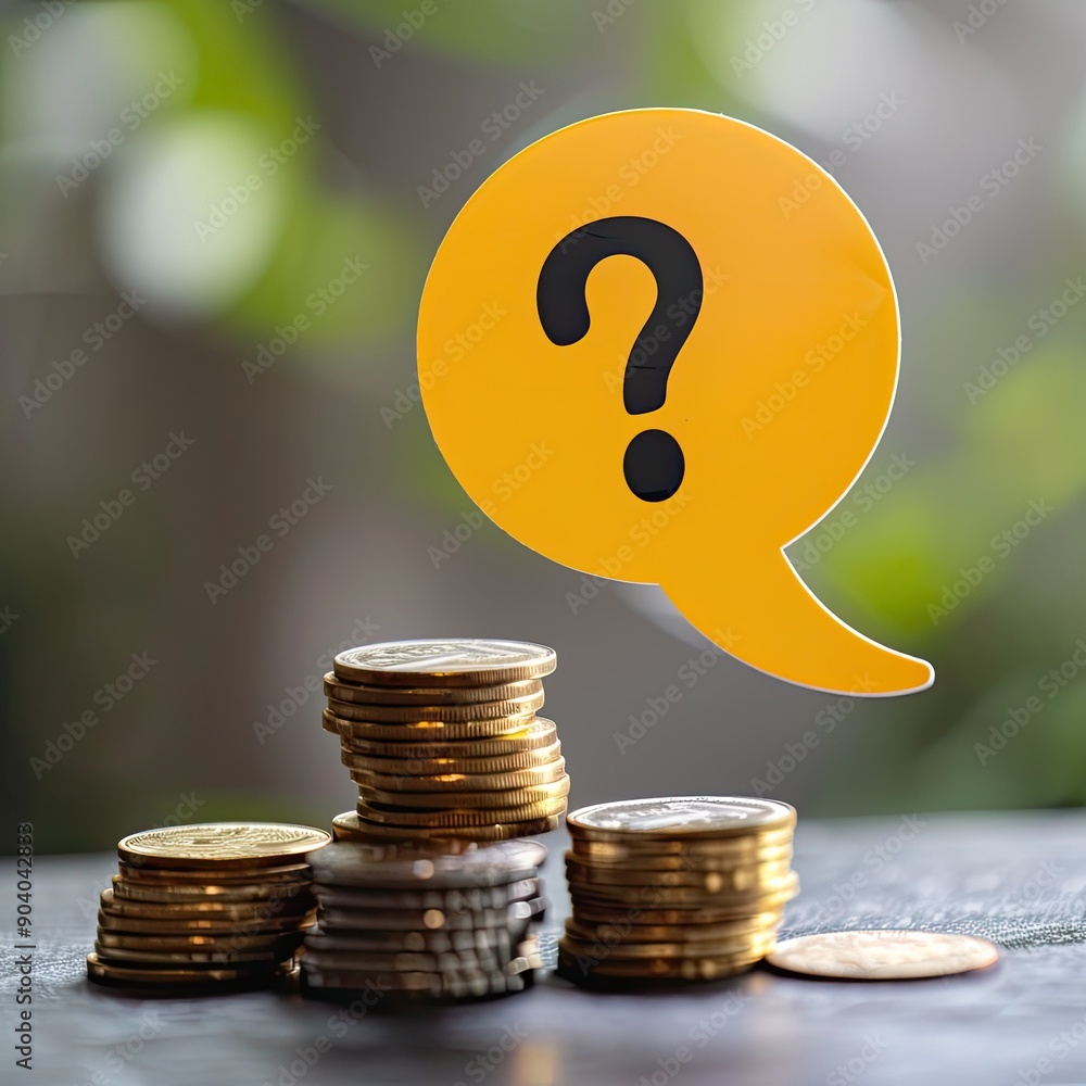 Aufkleber A yellow speech bubble with a question mark placed over a stack of coins, with a blurred background. 
