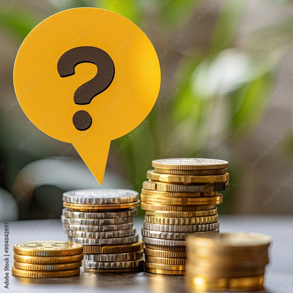 Poster A yellow speech bubble with a question mark placed over a stack of coins, with a blurred background. 
